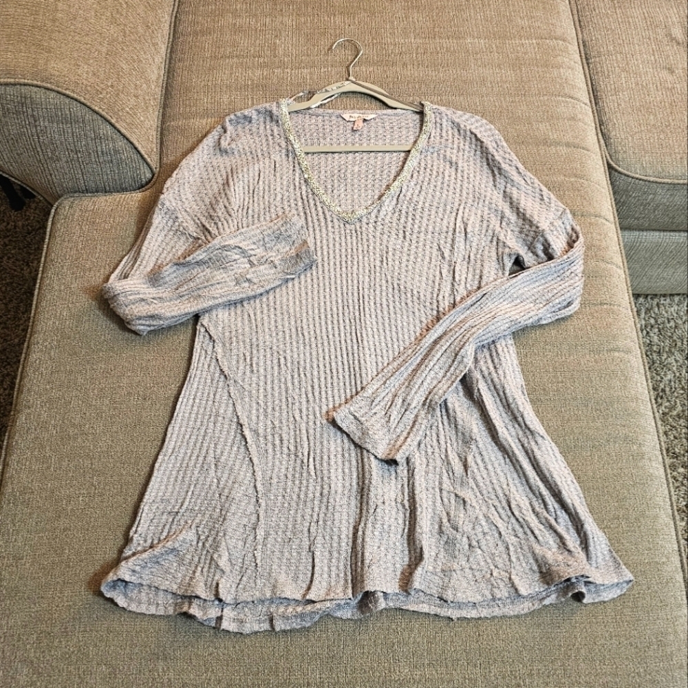Juicy Couture Light Gray Waffle Knit Sparkle Raw Hem Boho Casual Top Size Large